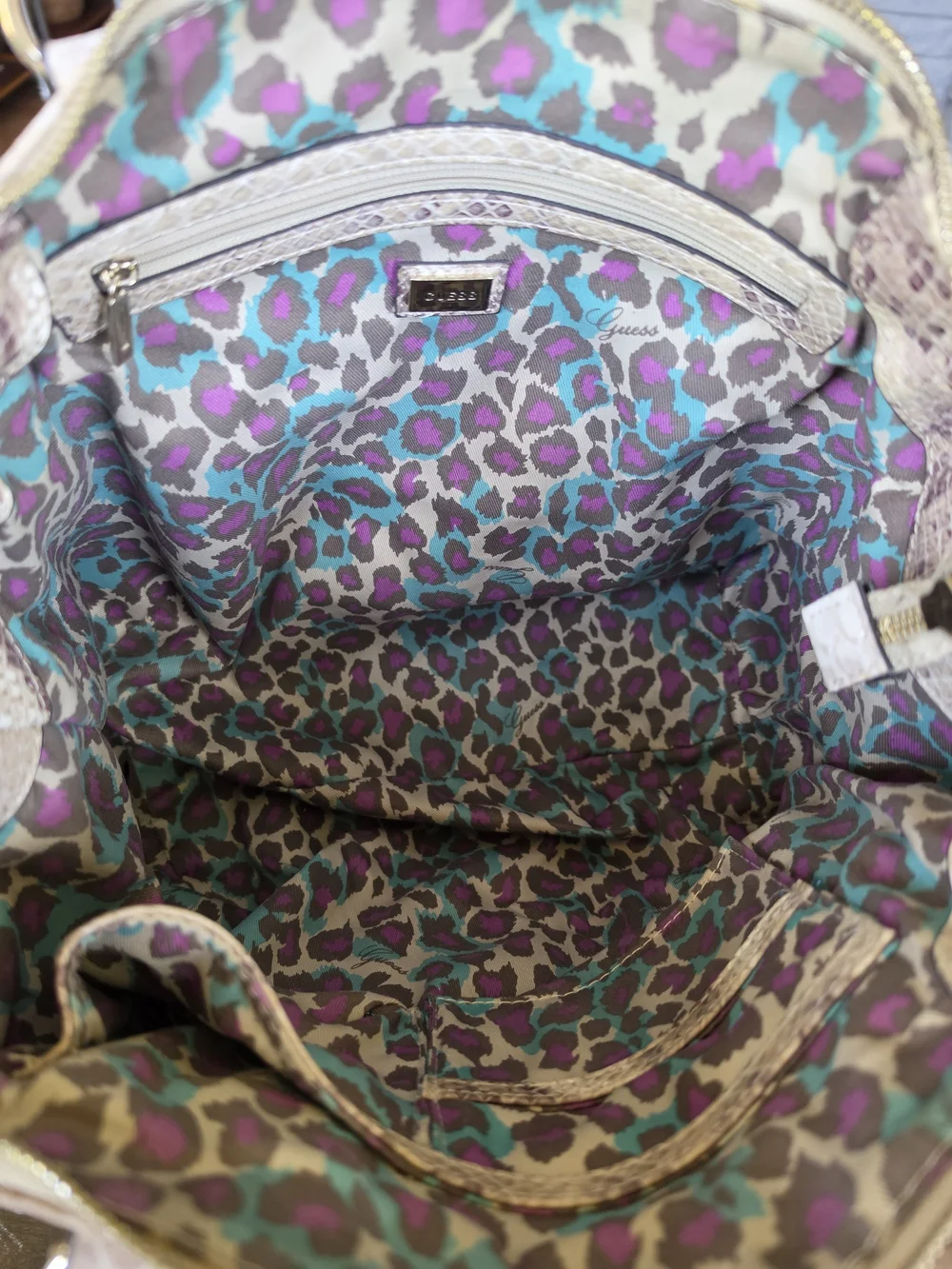 GUESS Women's Snake-Embossed Satchel in Cream with Gold Chain Accents